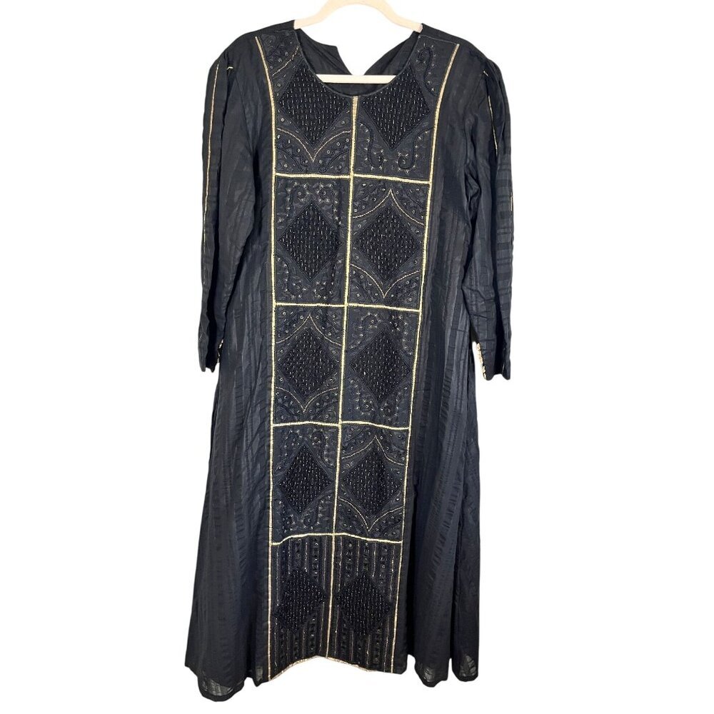 Vintage‎ Kaftan Abaya Metallic Beaded Dress M Black Sheer 80s Moroccan Modest
